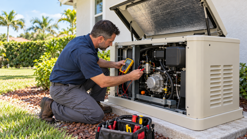 Technician diagnosing a Generac generator that cranks but won't start
